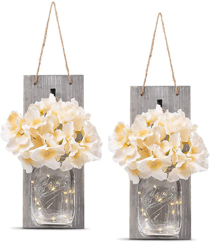 2 Pack Rustic  Jar Fairy Strip Lights Wall Decor Hydrangea Sconces