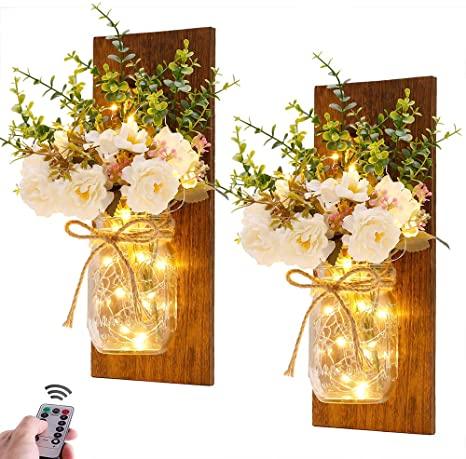 2 Pack Rustic  Jar Fairy Strip Lights Wall Decor Hydrangea Sconces