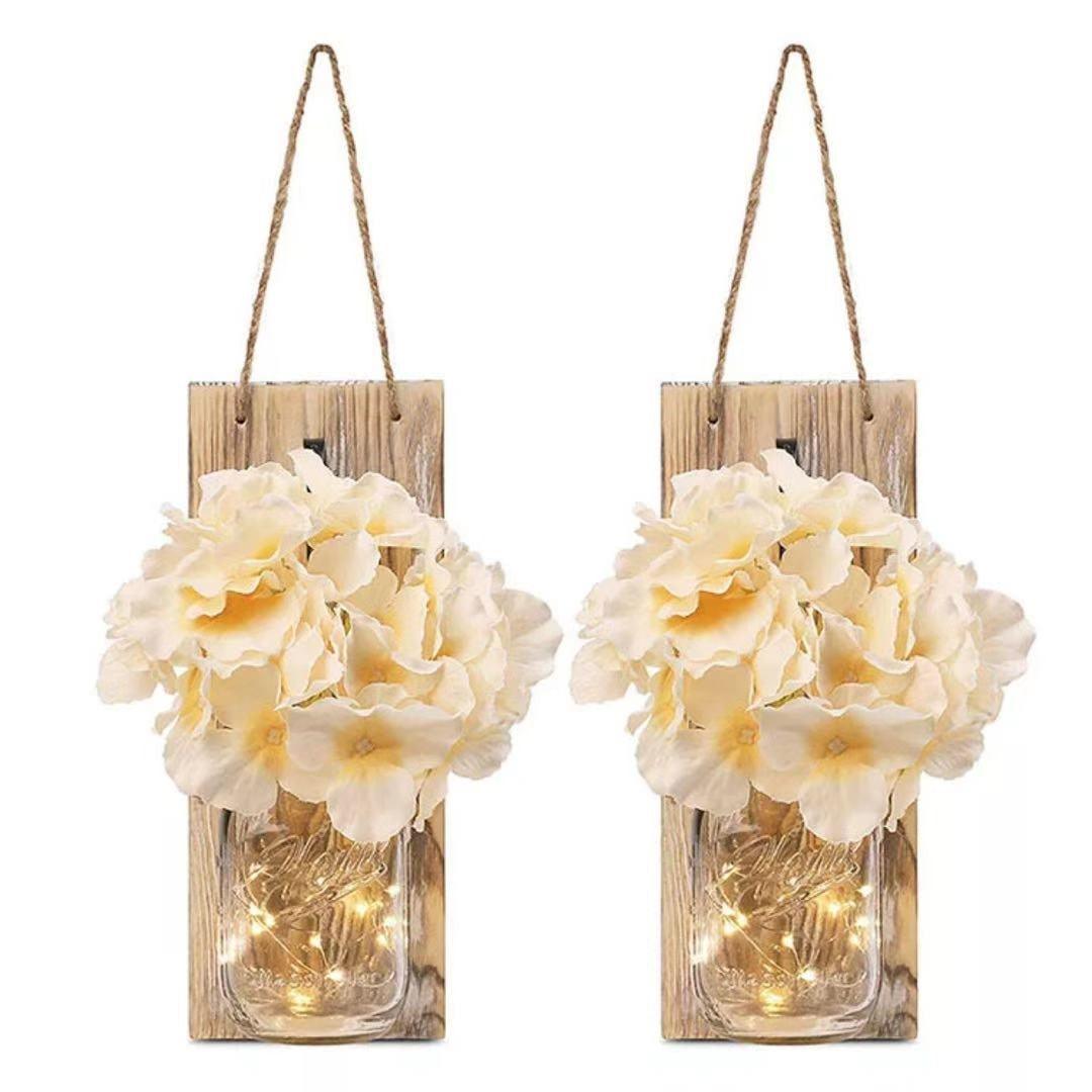 2 Pack Rustic  Jar Fairy Strip Lights Wall Decor Hydrangea Sconces