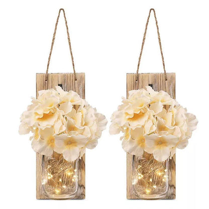 2 Pack Rustic  Jar Fairy Strip Lights Wall Decor Hydrangea Sconces