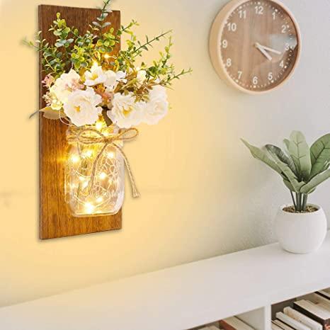2 Pack Rustic  Jar Fairy Strip Lights Wall Decor Hydrangea Sconces