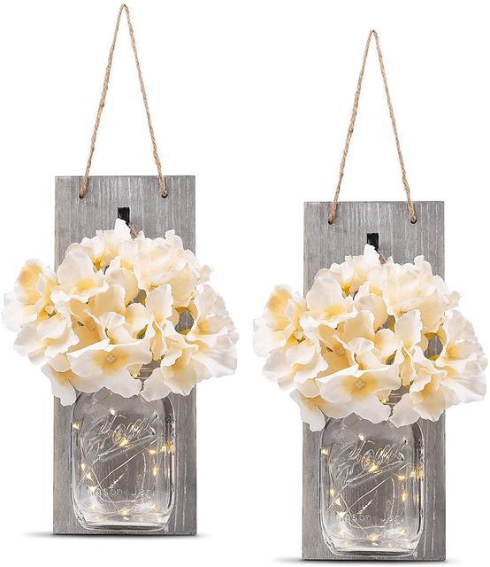 2 Pack Rustic  Jar Fairy Strip Lights Wall Decor Hydrangea Sconces