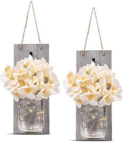 2 Pack Rustic  Jar Fairy Strip Lights Wall Decor Hydrangea Sconces