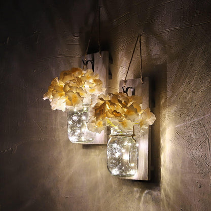 2 Pack Rustic  Jar Fairy Strip Lights Wall Decor Hydrangea Sconces