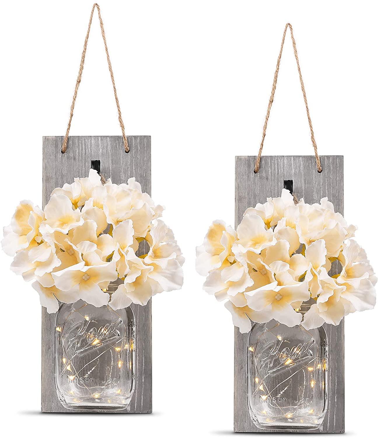 2 Pack Rustic  Jar Fairy Strip Lights Wall Decor Hydrangea Sconces