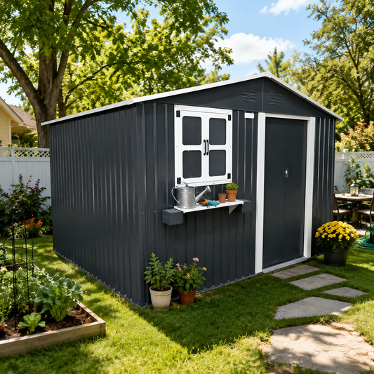 10x8 Foot Outdoor Metal Storage Shed, Sliding Doors, Coal Grey