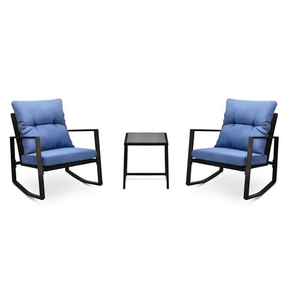 3 Piece Patio Bistro Set with Blue Cushions – Outdoor Rocker Chair Set
