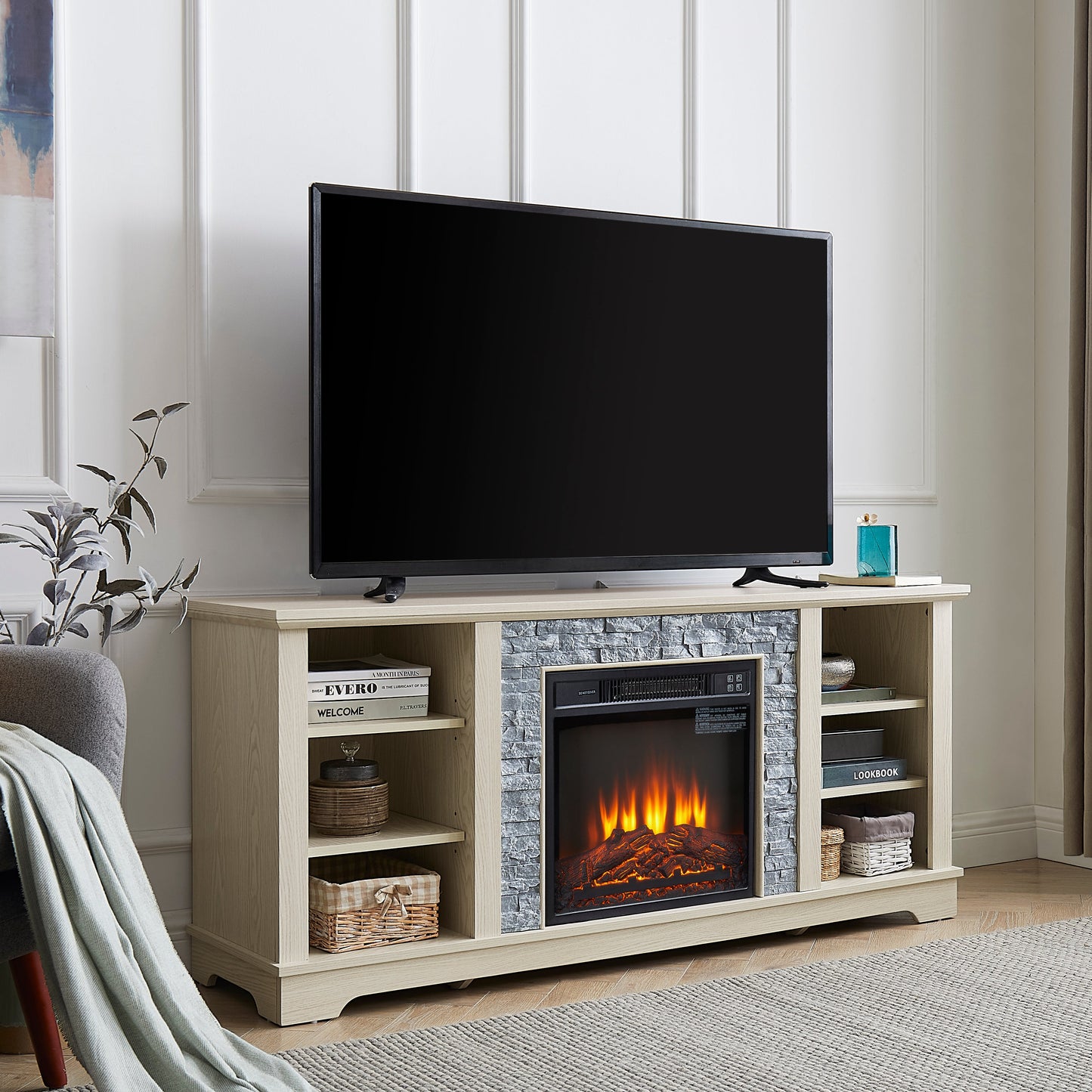 Mantel electric fireplace stone TV media stand