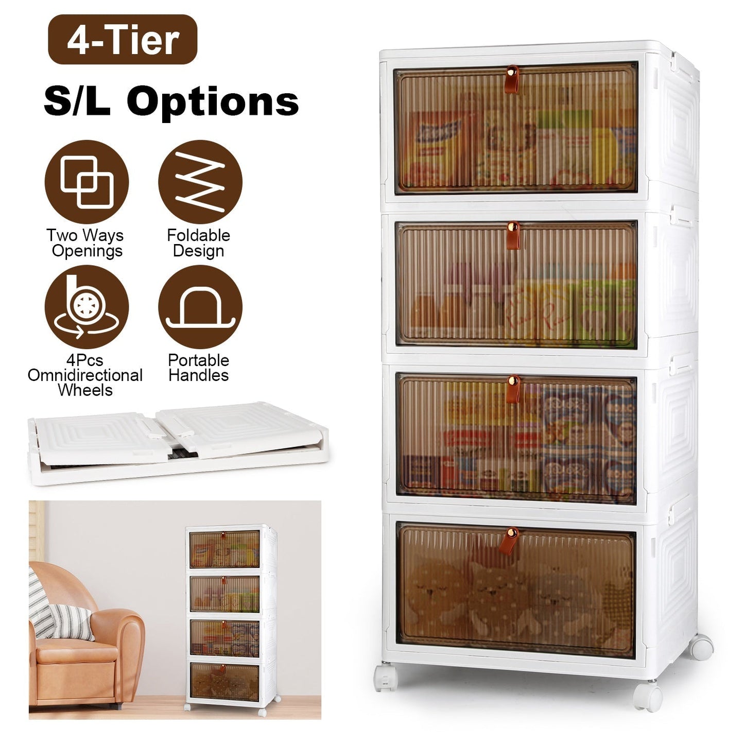 4-Tier Foldable Storage Bins with Lid Front Magnetic Organizer