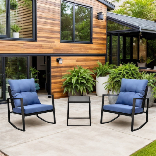 3 Piece Patio Bistro Set with Blue Cushions – Outdoor Rocker Chair Set