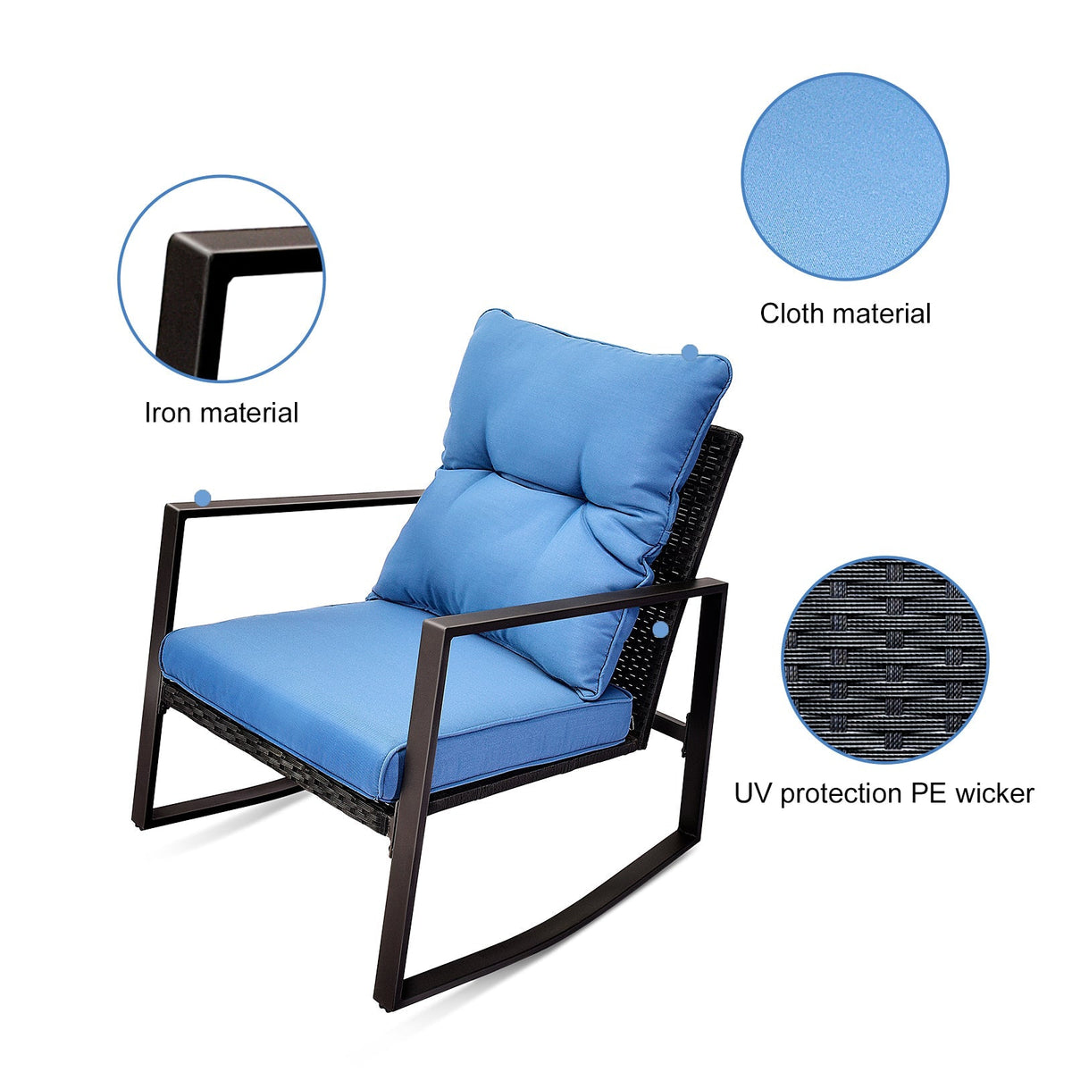3 Piece Patio Bistro Set with Blue Cushions – Outdoor Rocker Chair Set