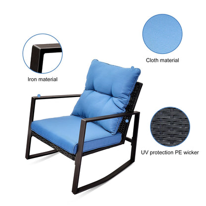 3 Piece Patio Bistro Set with Blue Cushions – Outdoor Rocker Chair Set