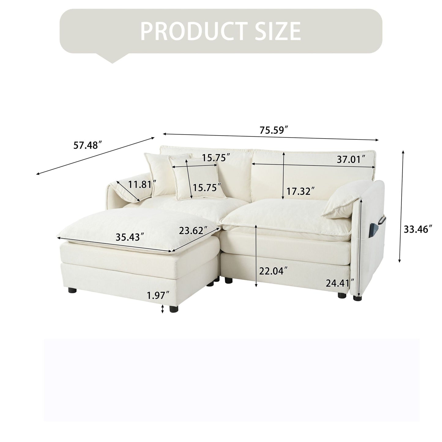 Deep Seat Modular Sectional Sofa Cloud Couch With Ottoman