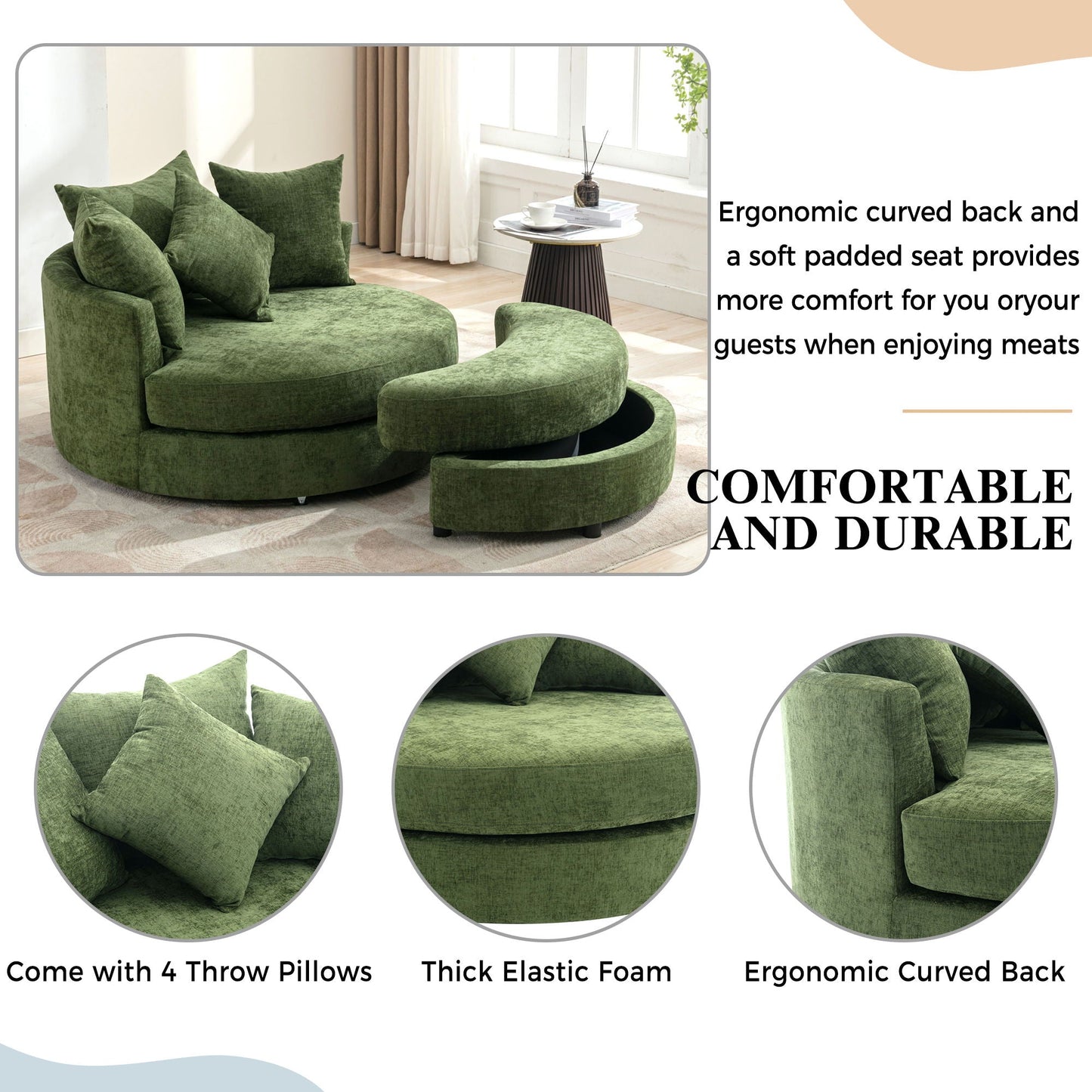 360° Swivel Accent Barrel Chair With Storage Ottoman & 4 Pillows,