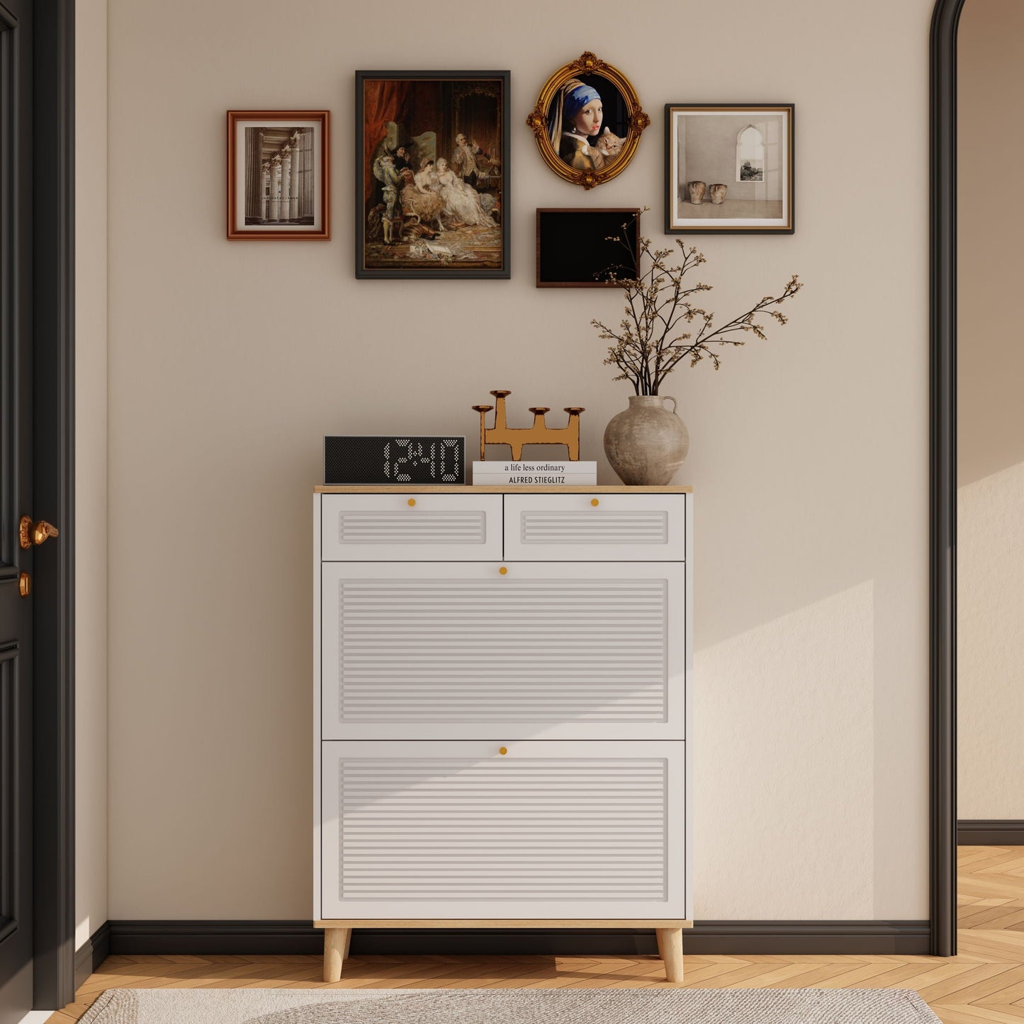 Modern Freestanding Shoe Cabinet With Flip Up Doors And Drawers