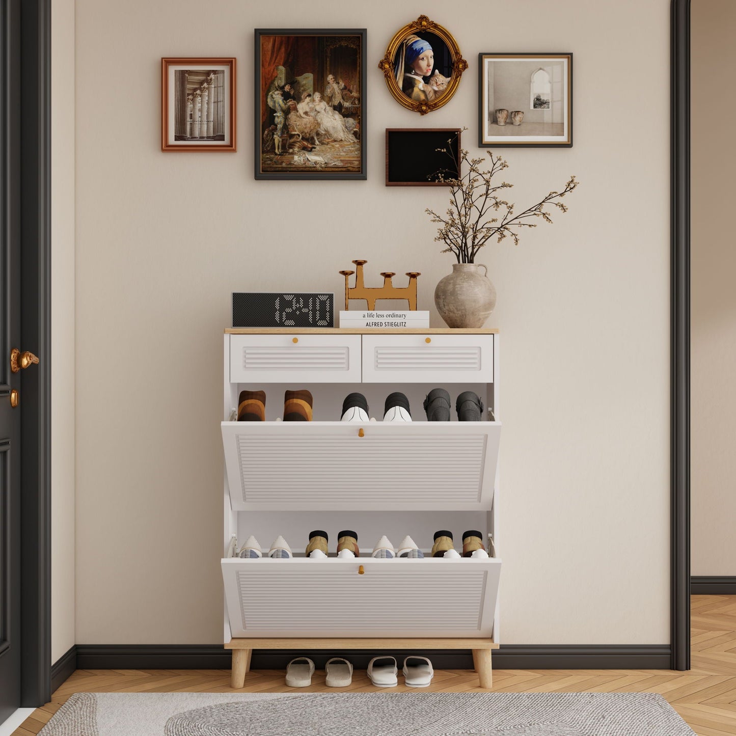 Modern Freestanding Shoe Cabinet With Flip Up Doors And Drawers
