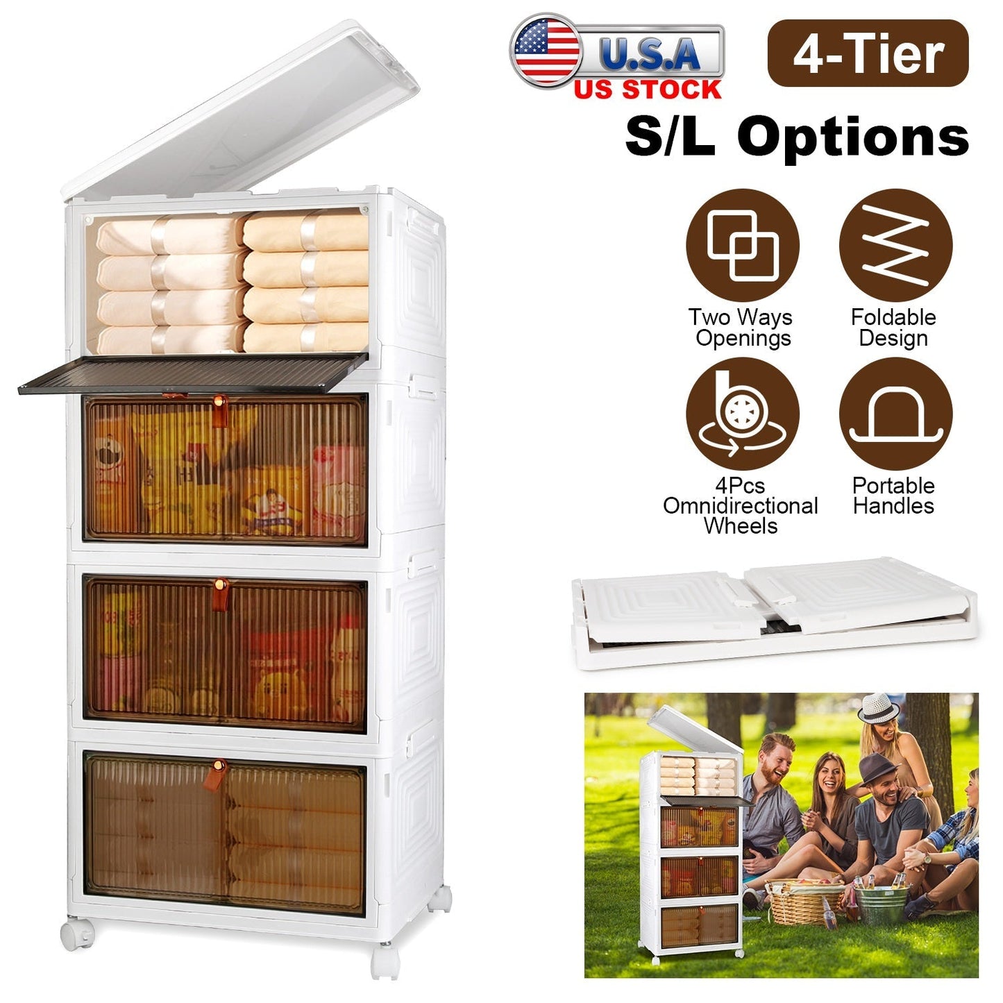 4-Tier Foldable Storage Bins with Lid Front Magnetic Organizer