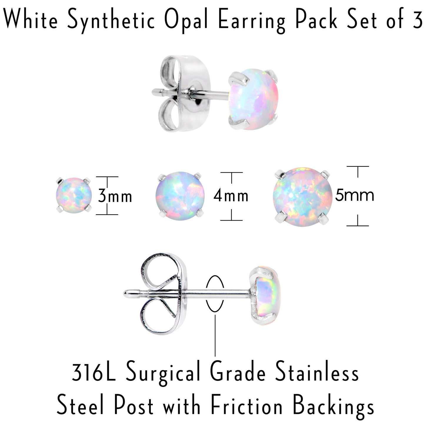 Opal Stainless Steel Post Stud Earring  Set of 3