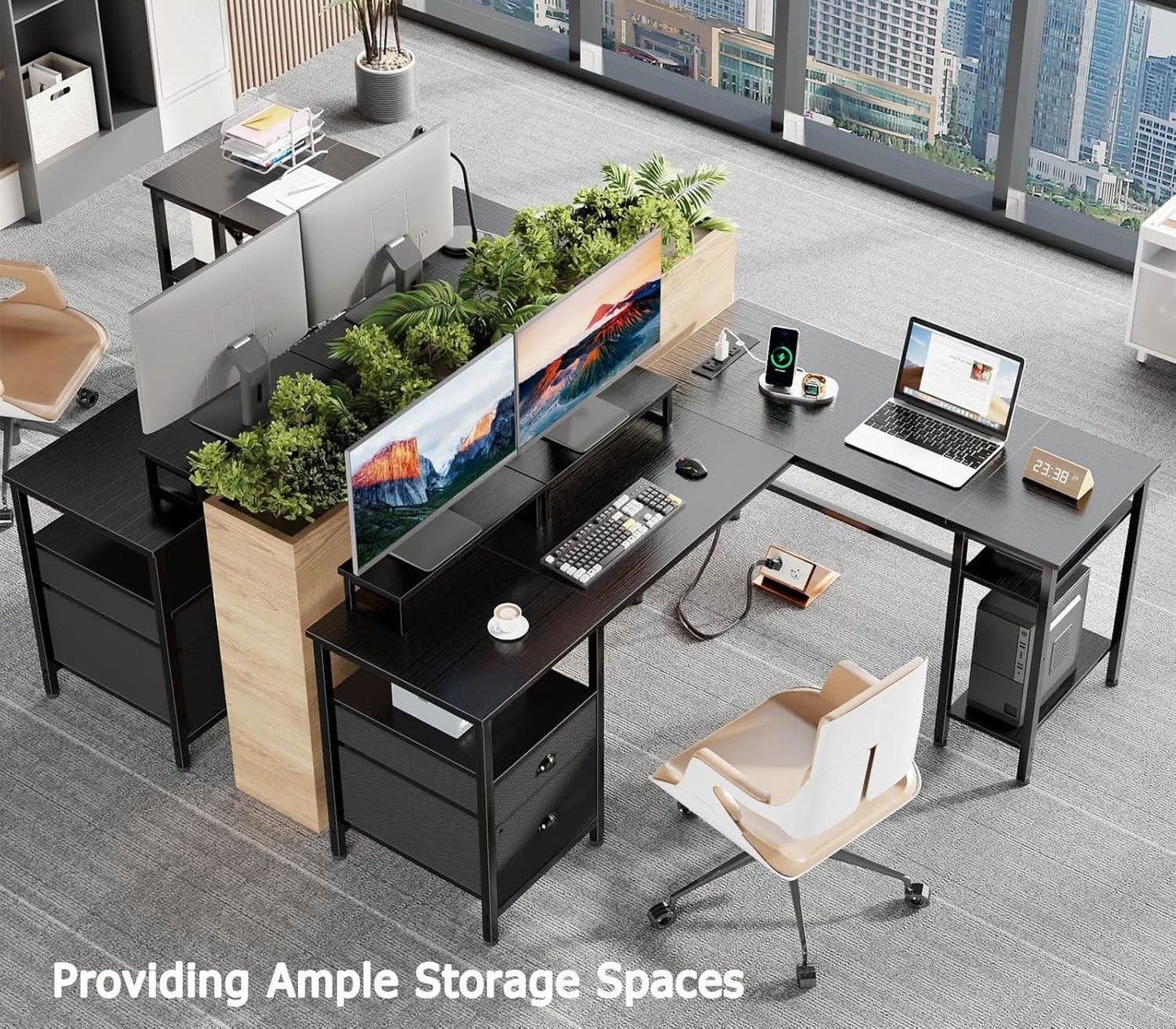 L Shaped Desk With Black Storage Drawers Unit