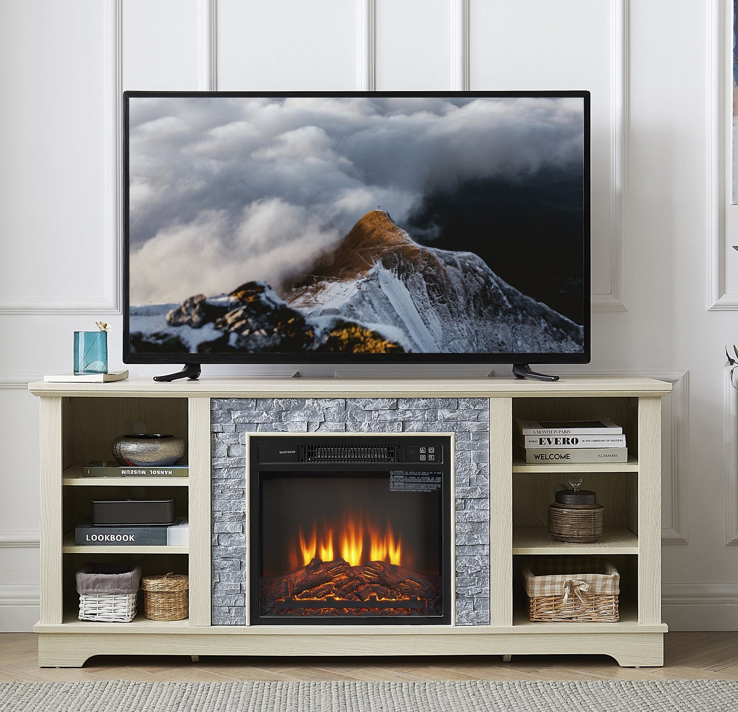 Mantel electric fireplace stone TV media stand
