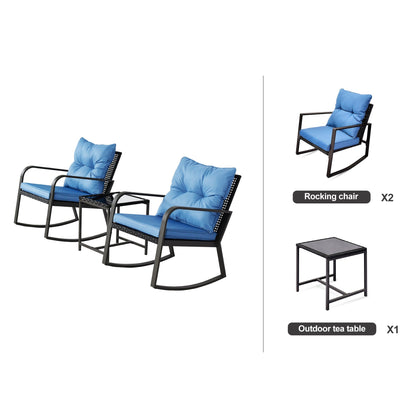 3 Piece Patio Bistro Set with Blue Cushions – Outdoor Rocker Chair Set