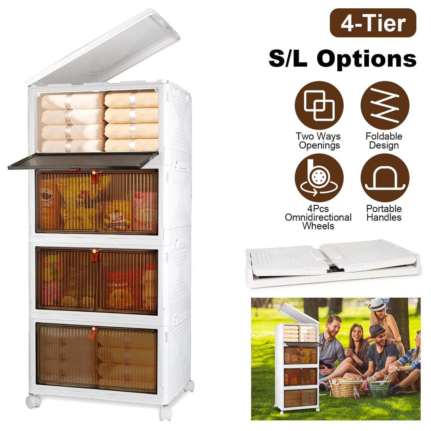 4-Tier Foldable Storage Bins with Lid Front Magnetic Organizer