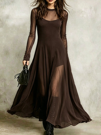 Women's Elegant Mesh-Spliced Maxi Dress — High Waist Slim Fit Patchwork