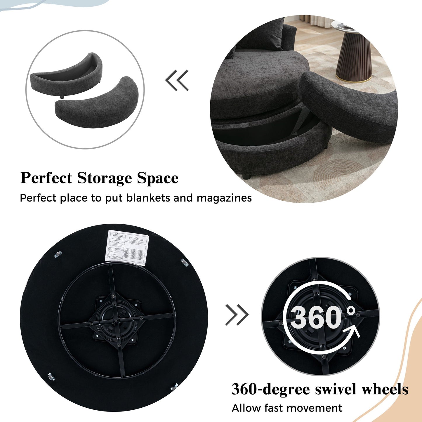 360° Swivel Accent Barrel Chair With Storage Ottoman & 4 Pillows,