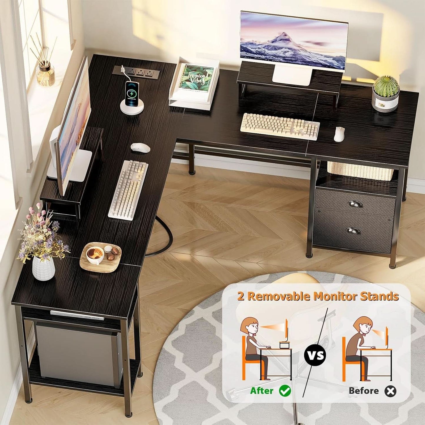 L Shaped Desk With Black Storage Drawers Unit