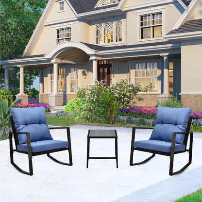 3 Piece Patio Bistro Set with Blue Cushions – Outdoor Rocker Chair Set
