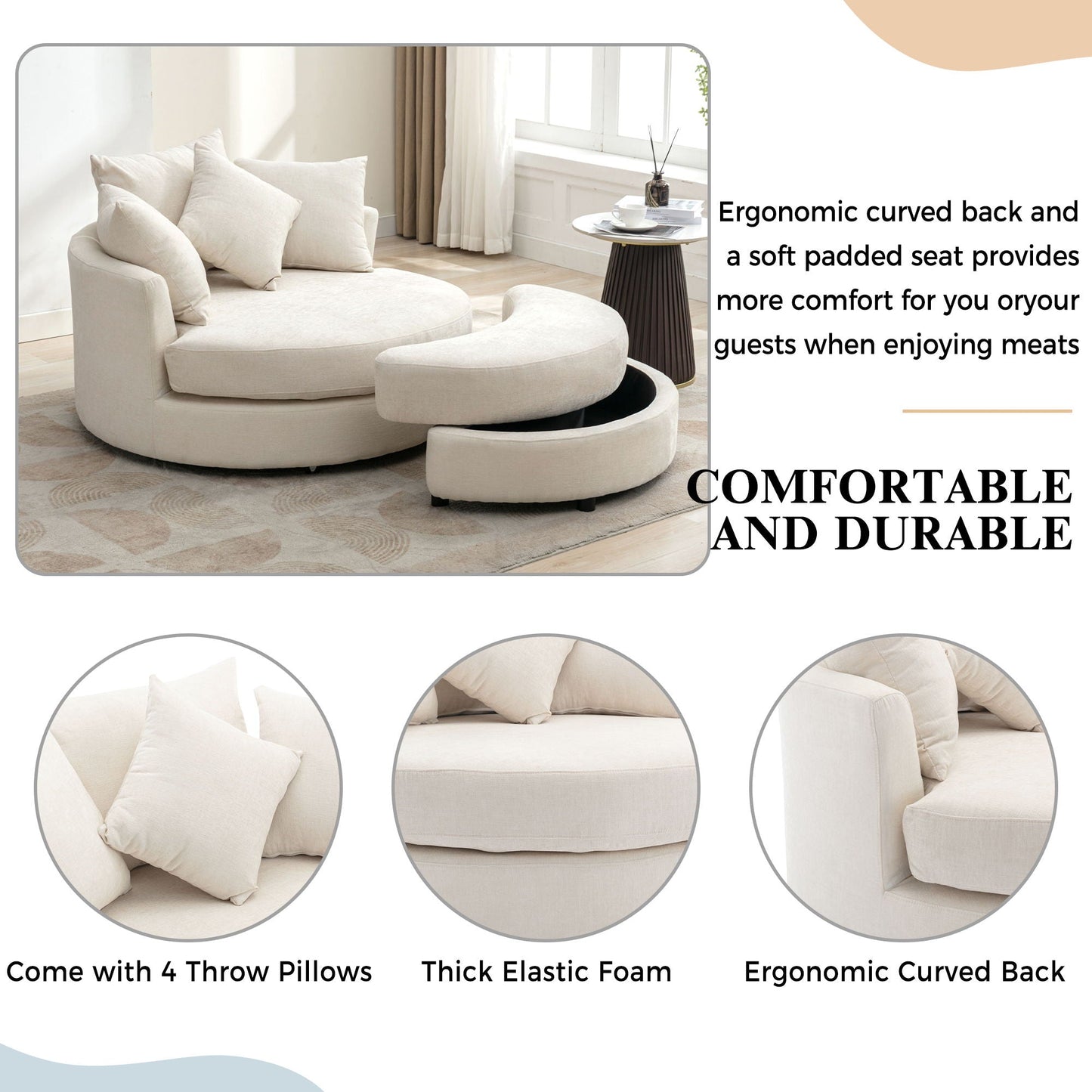 360° Swivel Accent Barrel Chair With Storage Ottoman & 4 Pillows,