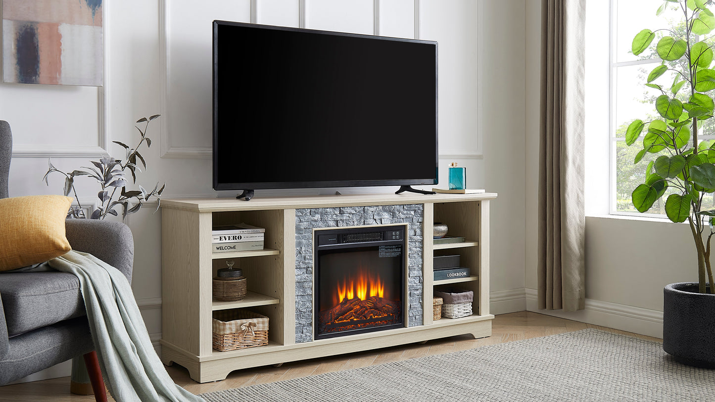 Mantel electric fireplace stone TV media stand