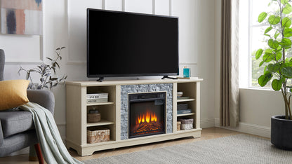 Mantel electric fireplace stone TV media stand