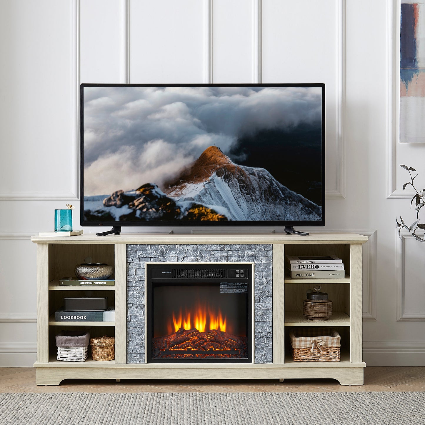 Mantel electric fireplace stone TV media stand