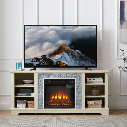 Mantel electric fireplace stone TV media stand