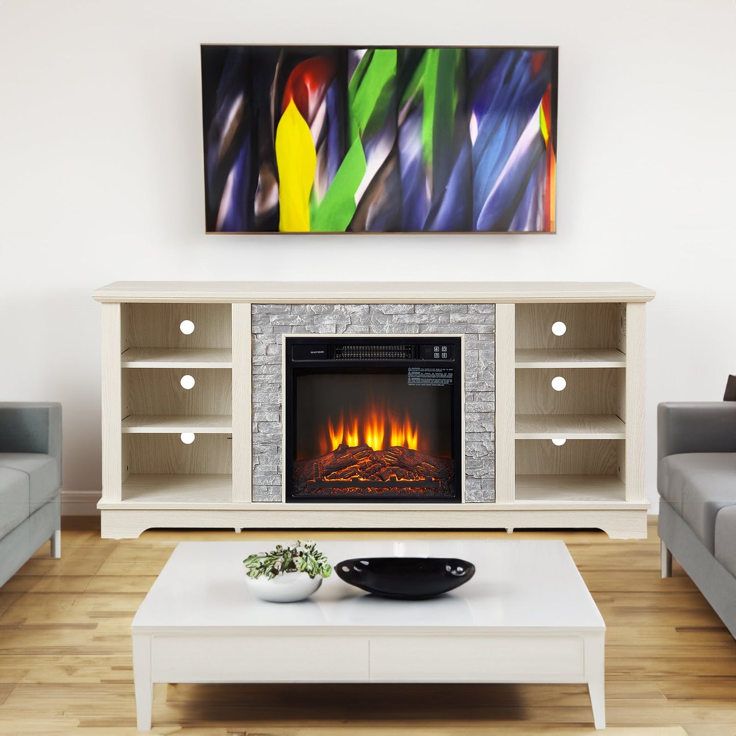 Mantel electric fireplace stone TV media stand