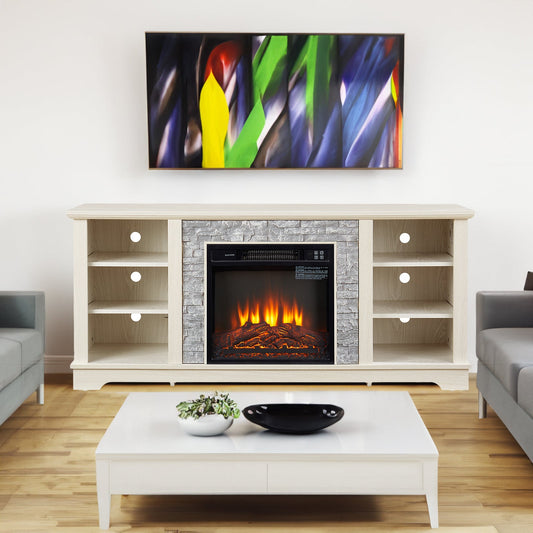 Mantel electric fireplace stone TV media stand