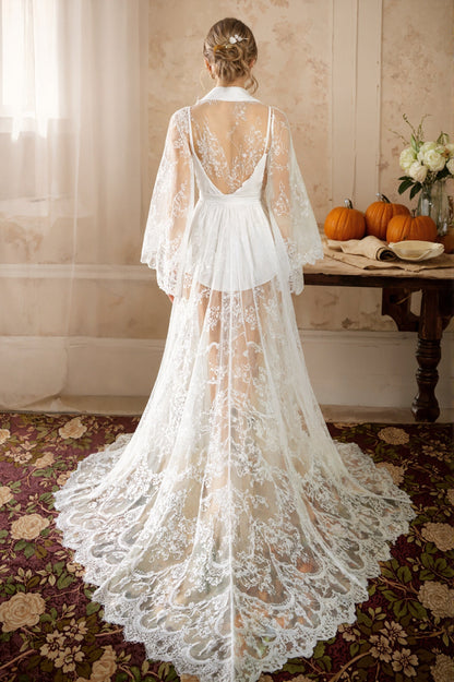 Chantilly Floral Lace Long Robe Set with Train