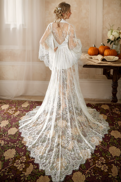 Chantilly Floral Lace Long Robe Set with Train