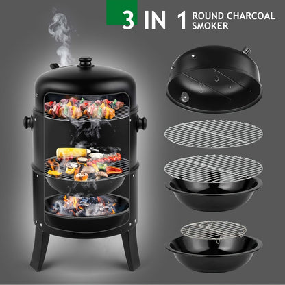 3-in-1 Charcoal Smoker Grill BBQ Fire Pit Portable