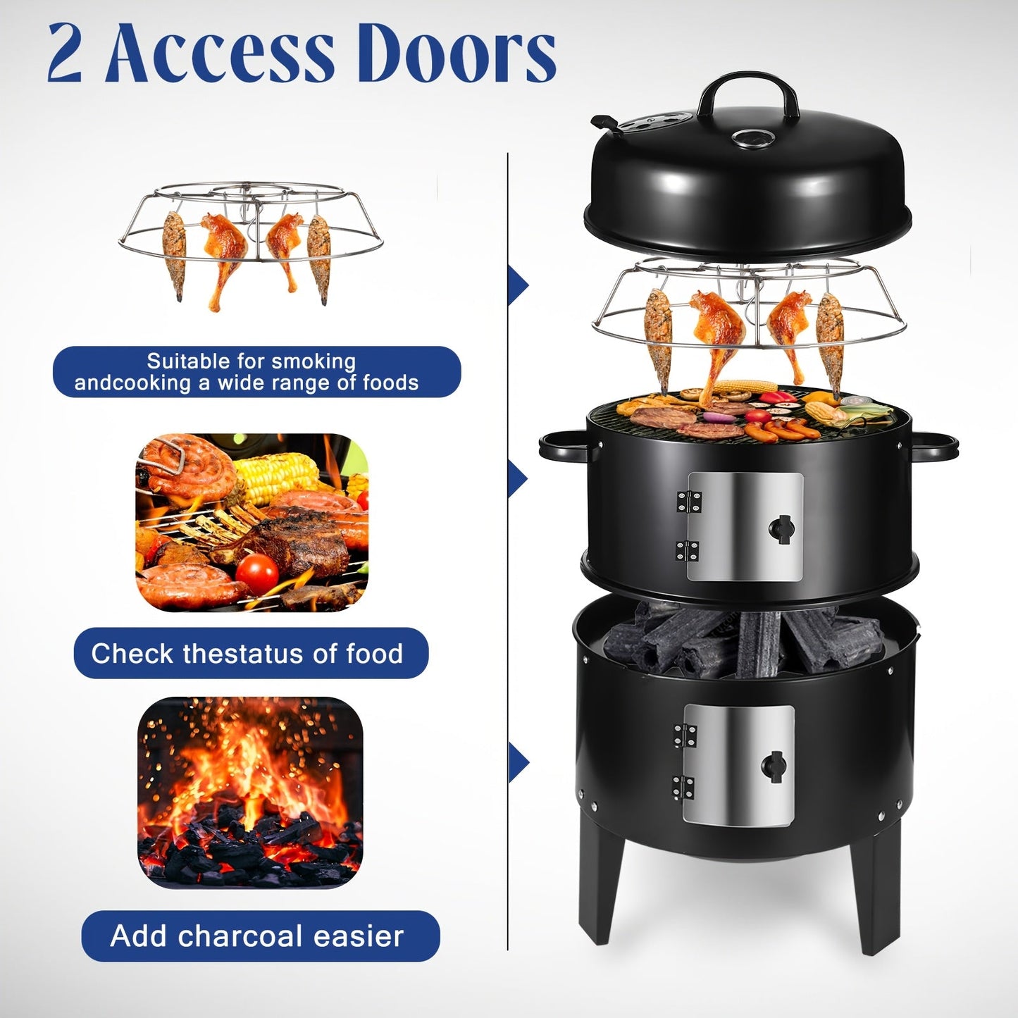 3-in-1 Charcoal Smoker Grill BBQ Fire Pit Portable