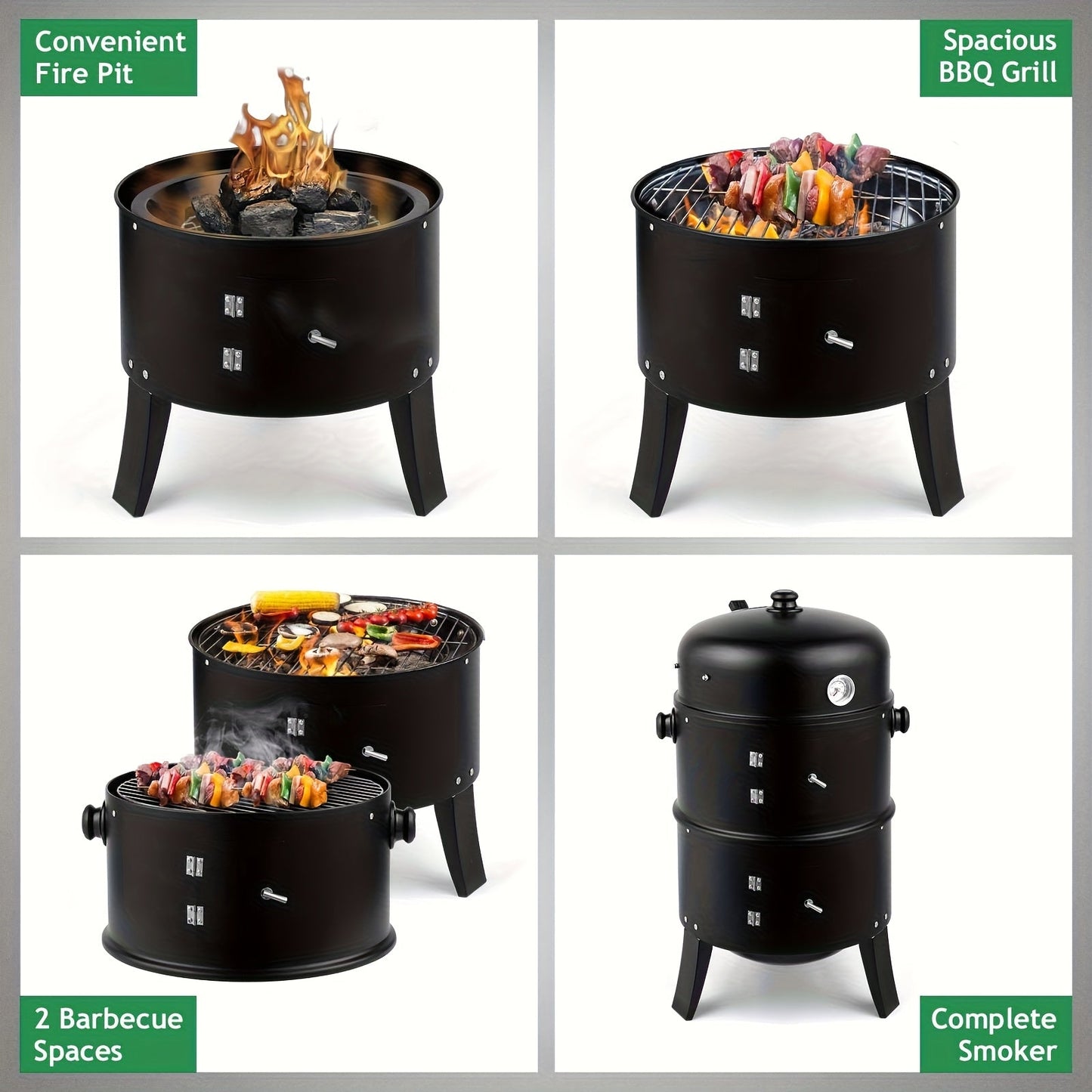 3-in-1 Charcoal Smoker Grill BBQ Fire Pit Portable