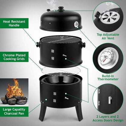 3-in-1 Charcoal Smoker Grill BBQ Fire Pit Portable