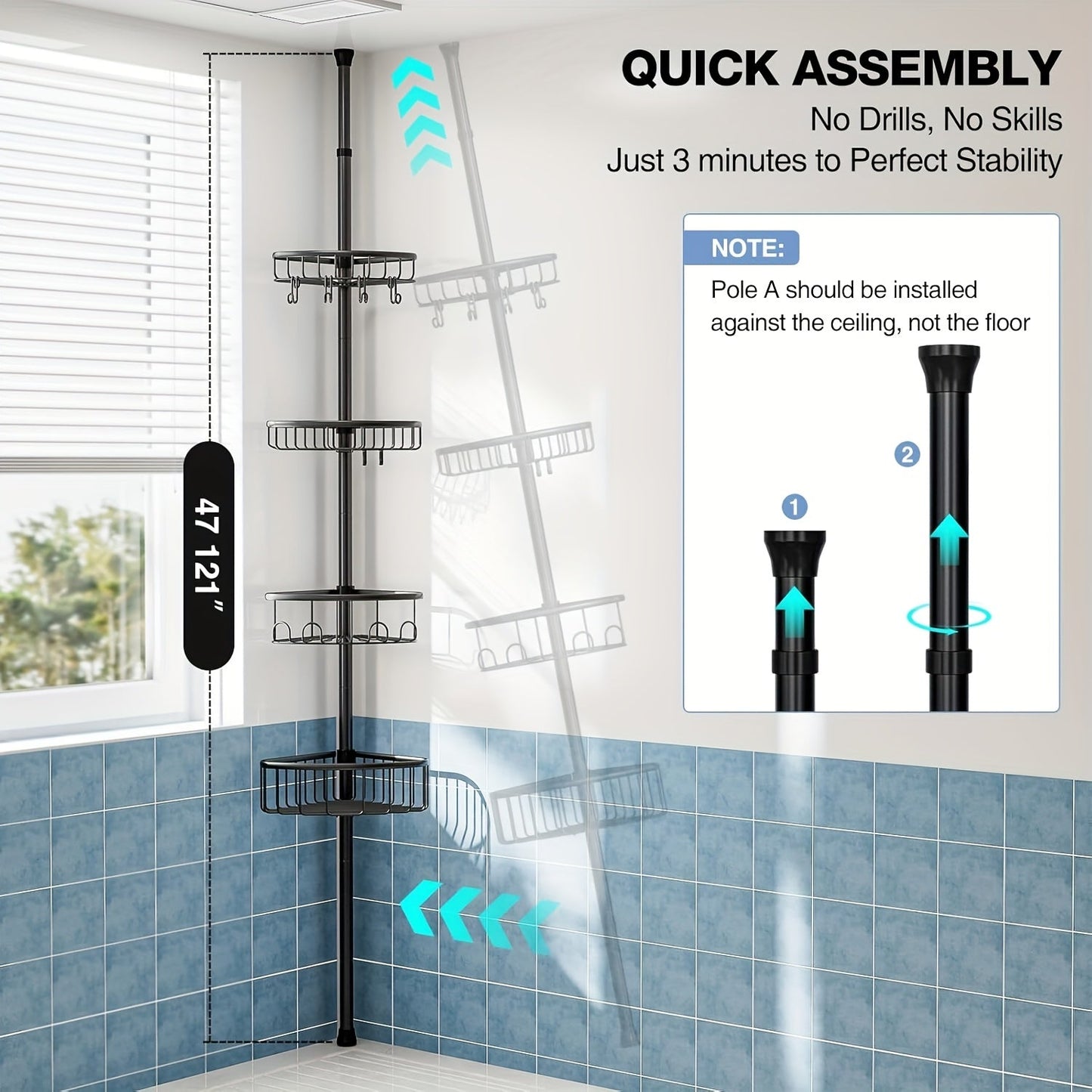 4-Tier Corner Shower Organizer Telescopic Pole