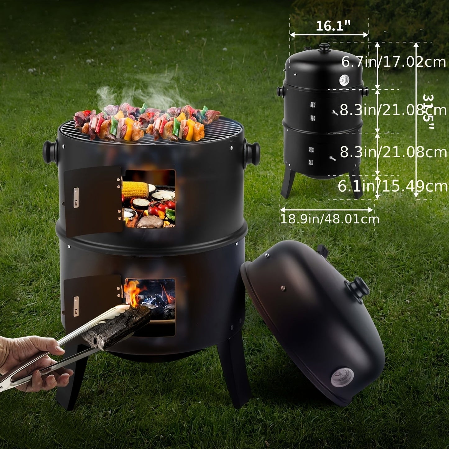 3-in-1 Charcoal Smoker Grill BBQ Fire Pit Portable