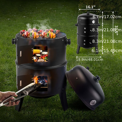 3-in-1 Charcoal Smoker Grill BBQ Fire Pit Portable