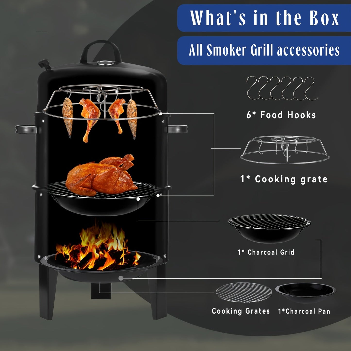 3-in-1 Charcoal Smoker Grill BBQ Fire Pit Portable