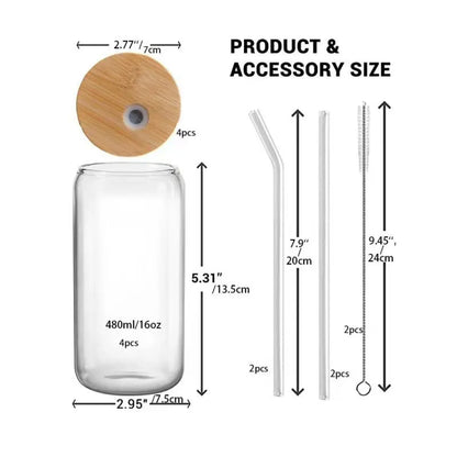 4 Bamboo Lid Glass Drinking Glasses with Glass Straw