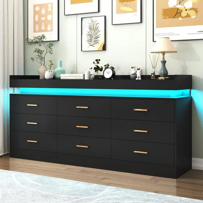 Modern Dresser 9 Drawer with LED Light,