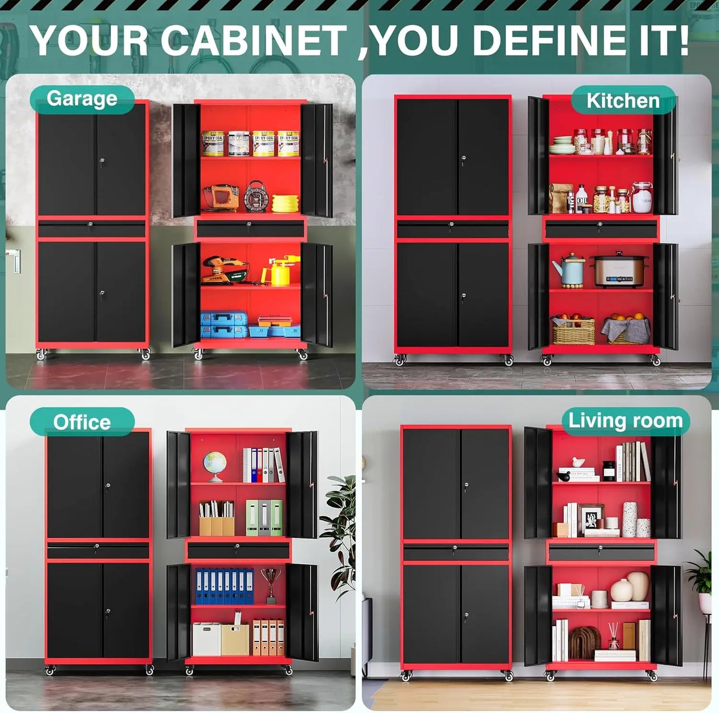 Metal Storage Cabinet with Wheels and Drawer Rolling Garage Storage Cabinet with Lock Black Red Metal Cabinet with Wheels